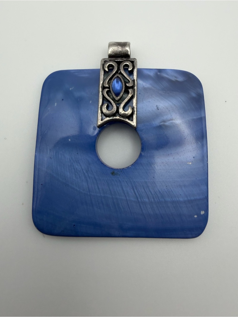 Vintage Blue Mother of Pearl Shell Pendant Silver Tone Geometric Necklace Charm